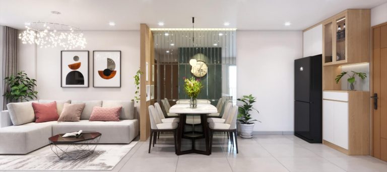 Báo Giá Gương Ghép Trang Trí TP.HCM 2026 24 Gương ghép trang trí nan dọc khung gỗ sau bàn ăn, sofa trắng gối hồng
