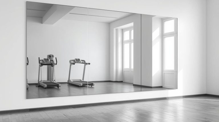 gương phòng tập khổ lớn trên tường, hai máy chạy bộ và sàn gỗ xám
