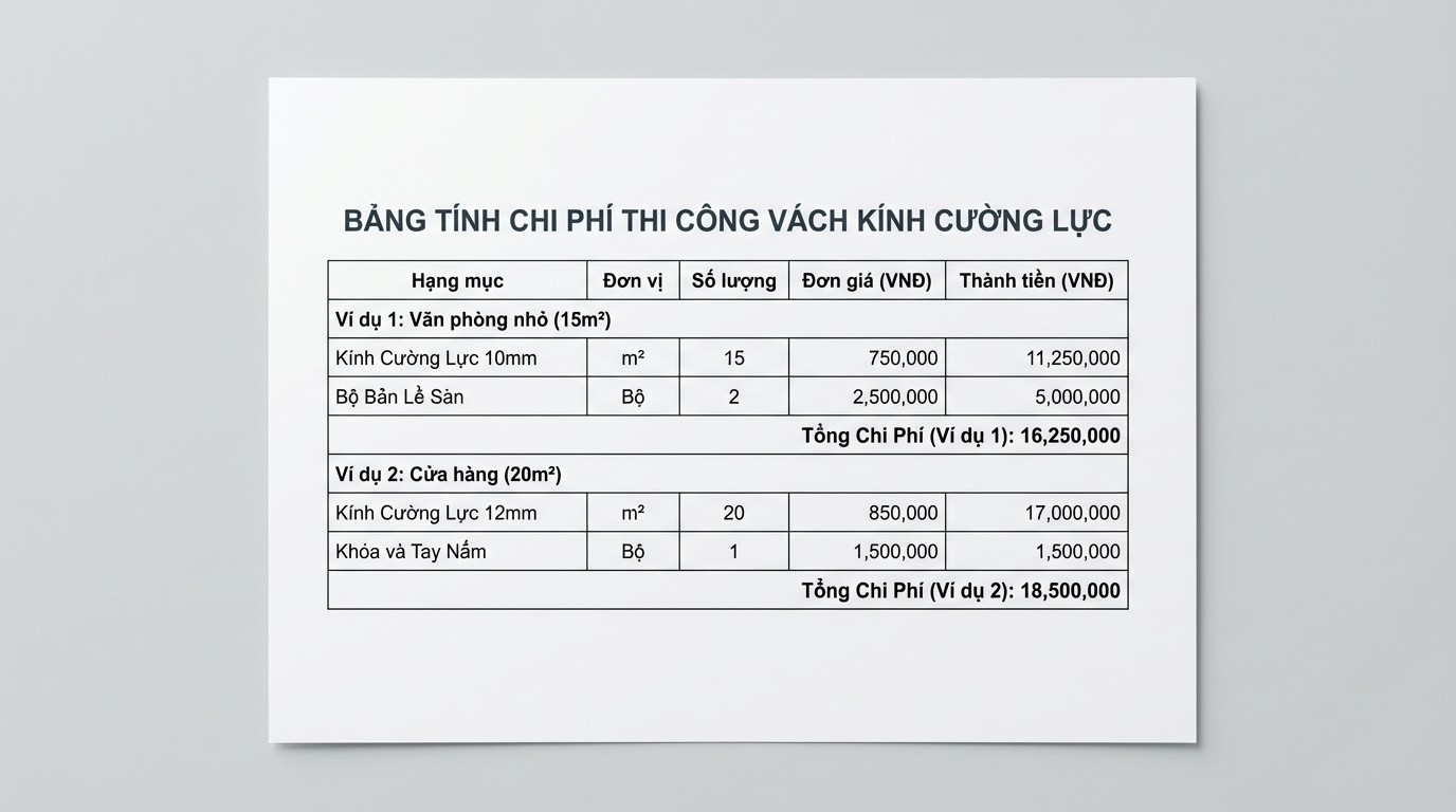 Bảng cách tính chi phí thi công vách kính theo m2 và phụ kiện