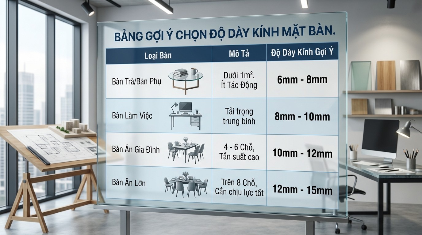 Bảng gợi ý chọn độ dày kính theo loại bàn ăn, bàn trà và bàn làm việc