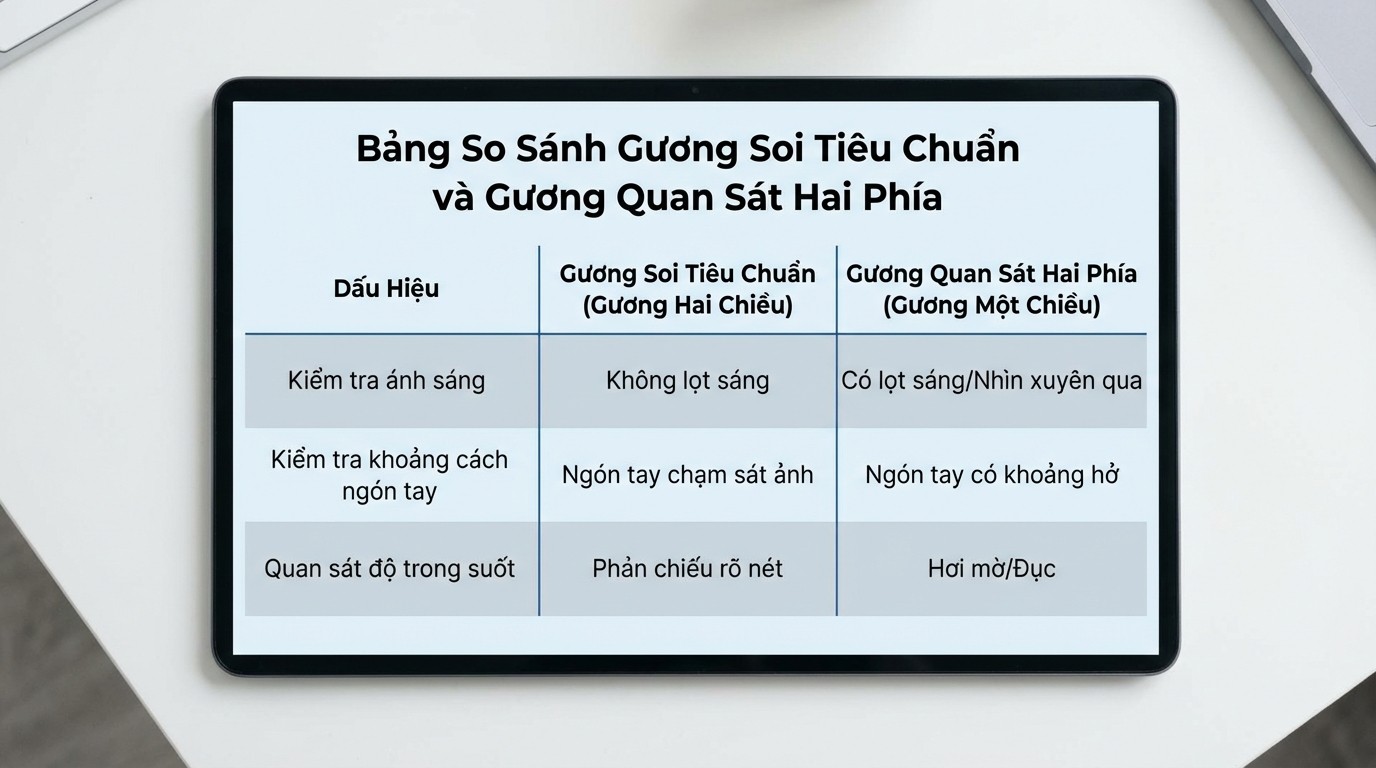 Bảng so sánh dấu hiệu giữa gương soi tiêu chuẩn và gương quan sát hai phía