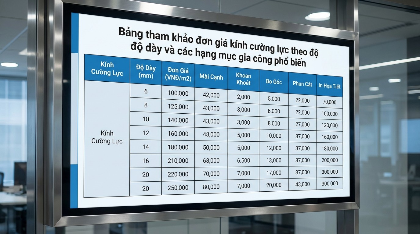 Bảng tham khảo đơn giá kính cường lực theo độ dày và các hạng mục gia công phổ biến