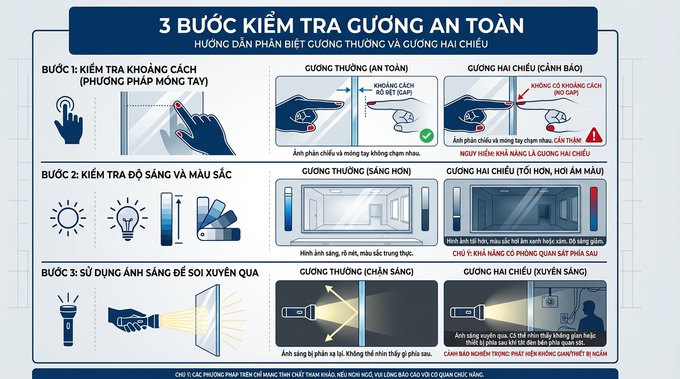 Danh sách 3 bước kiểm tra gương 1 chiều và 2 chiều an toàn