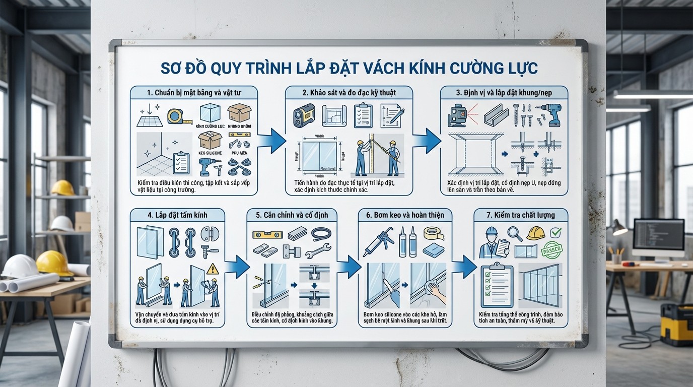 Sơ đồ các bước thi công lắp đặt vách kính cường lực tại công trình