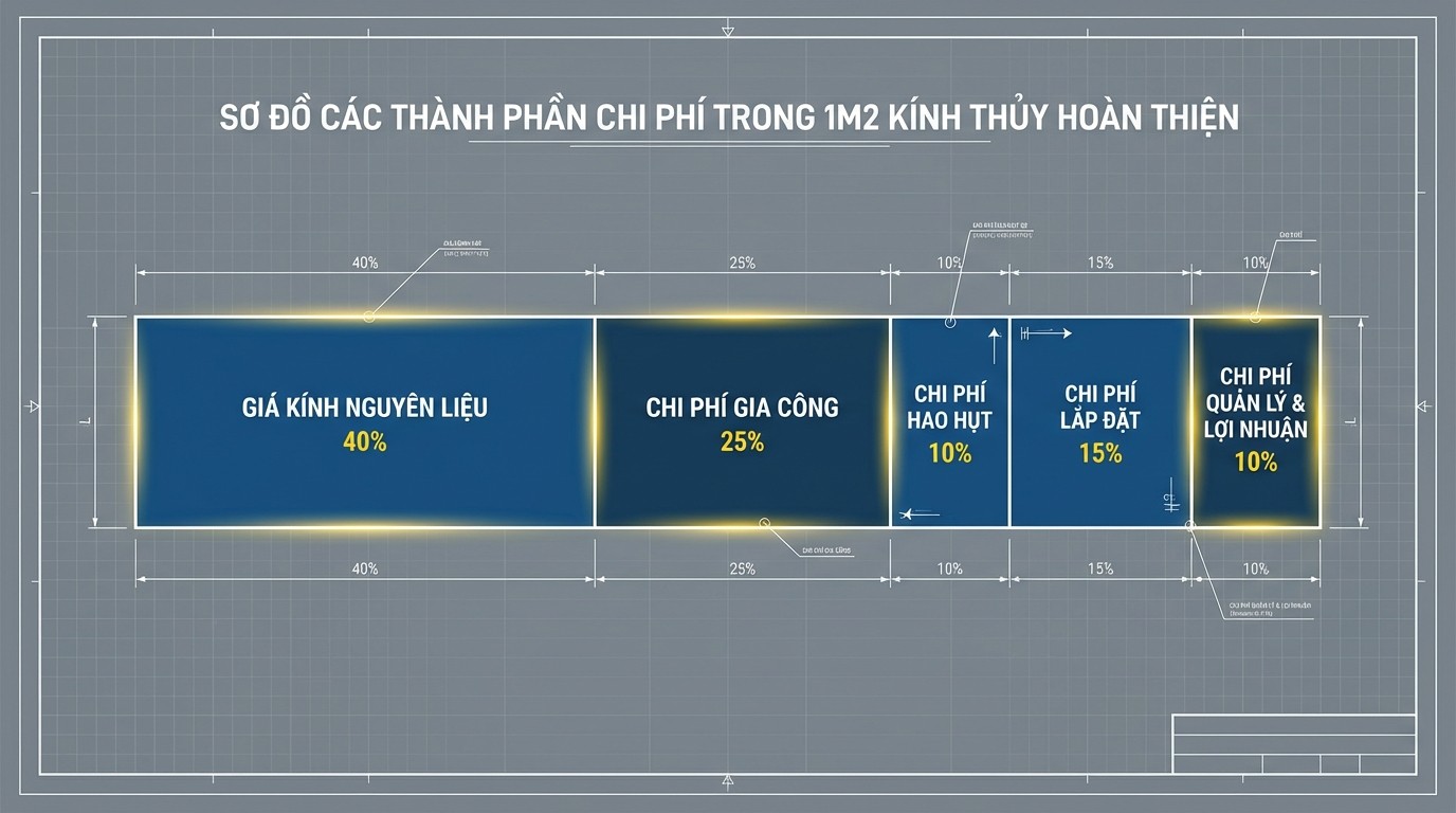 Bảng Báo Giá Thi Công Kính Thủy Trang Trí Trọn Gói Tại TP.HCM (Cập Nhật 2026) 6 Sơ đồ các thành phần chi phí trong 1m2 kính thủy hoàn thiện