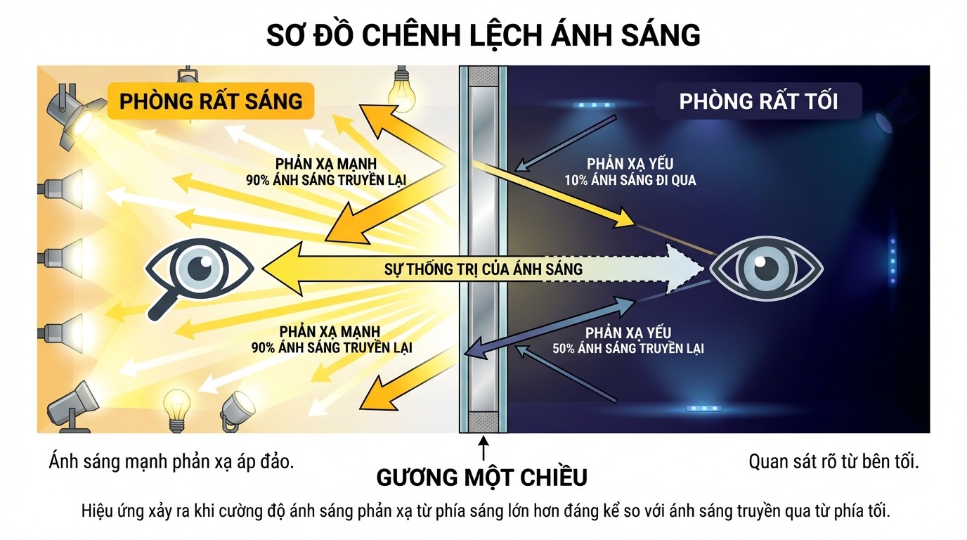 Sơ đồ chênh lệch ánh sáng giữa phía soi và phía quan sát của gương 1 chiều