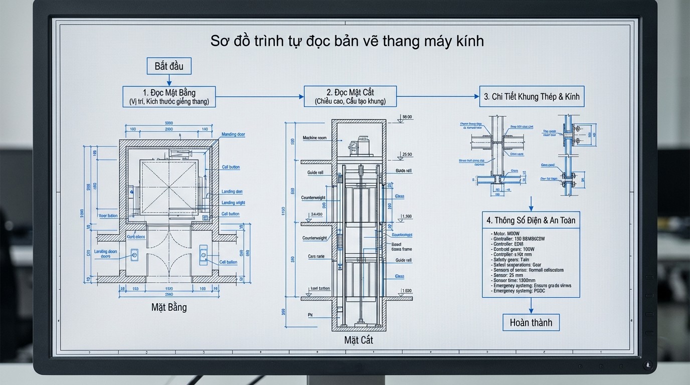 Sơ đồ trình tự đọc bản vẽ thang máy kính theo mặt bằng và mặt cắt