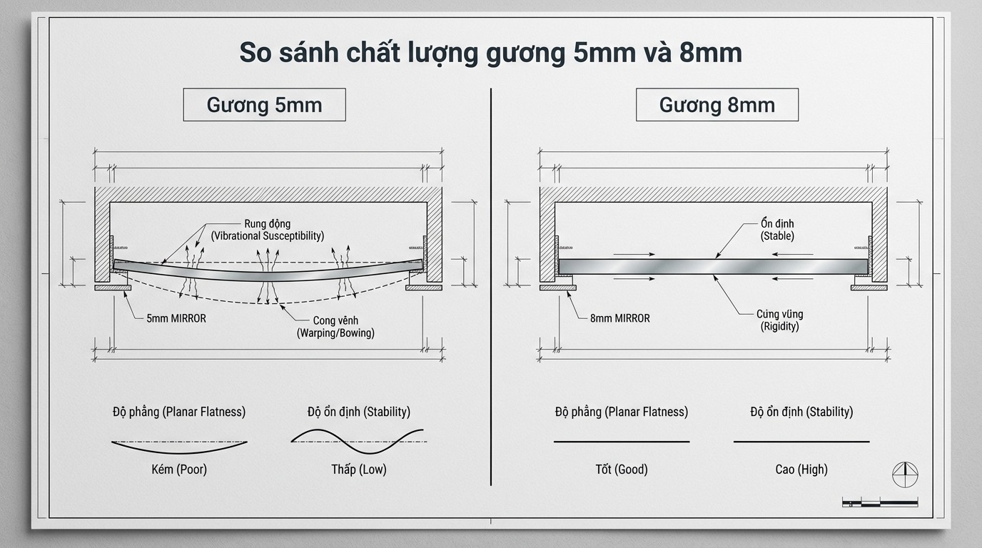 So sánh chất lượng gương 5mm và 8mm theo độ phẳng và độ ổn định khi ốp trần