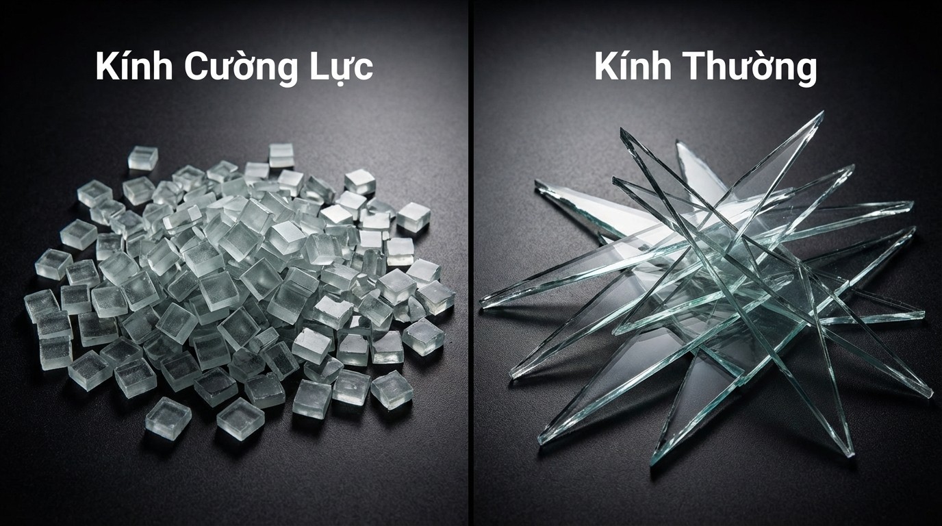 So sánh kính cường lực vỡ mảnh nhỏ và kính thường vỡ mảnh sắc cạnh