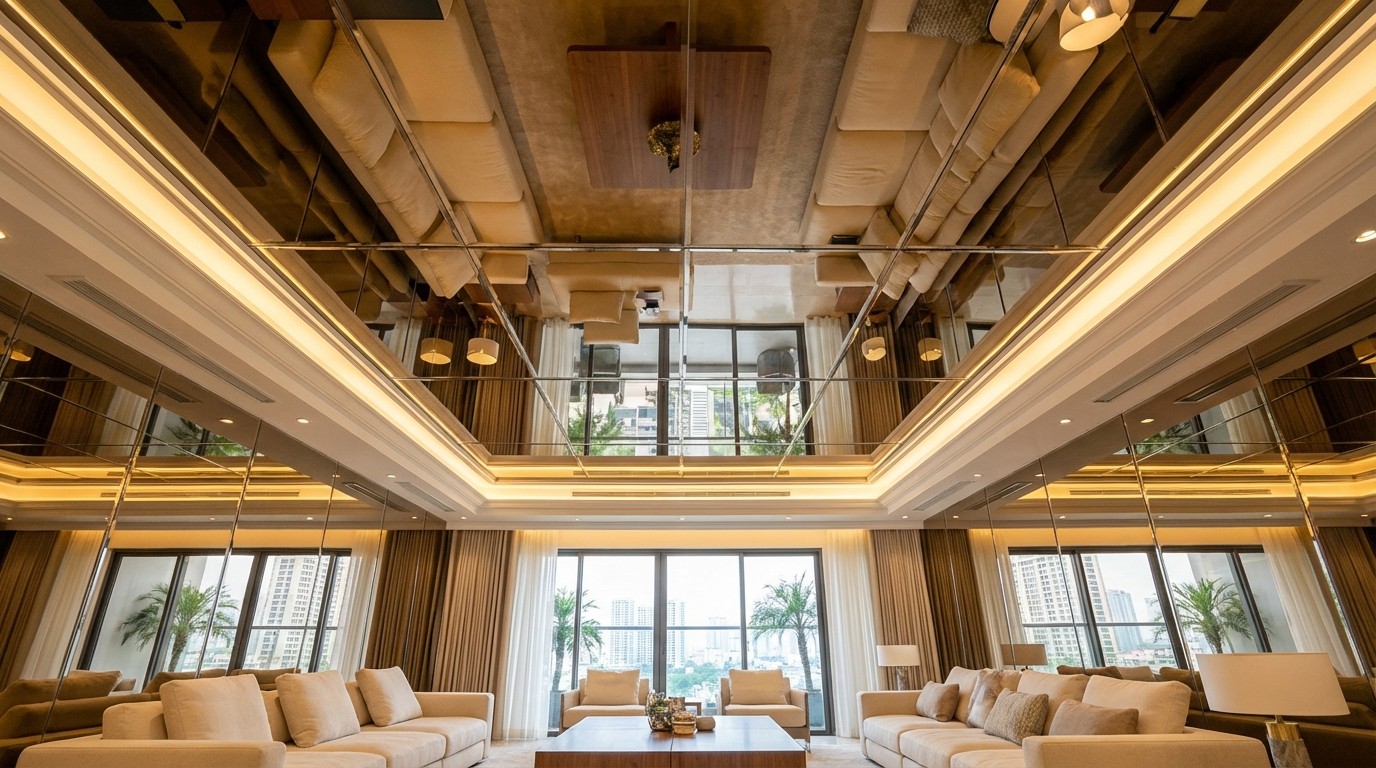 Ví dụ dự án trần gương phòng khách hoàn thiện tại TP HCM, thể hiện bố cục chia tấm và ánh sáng