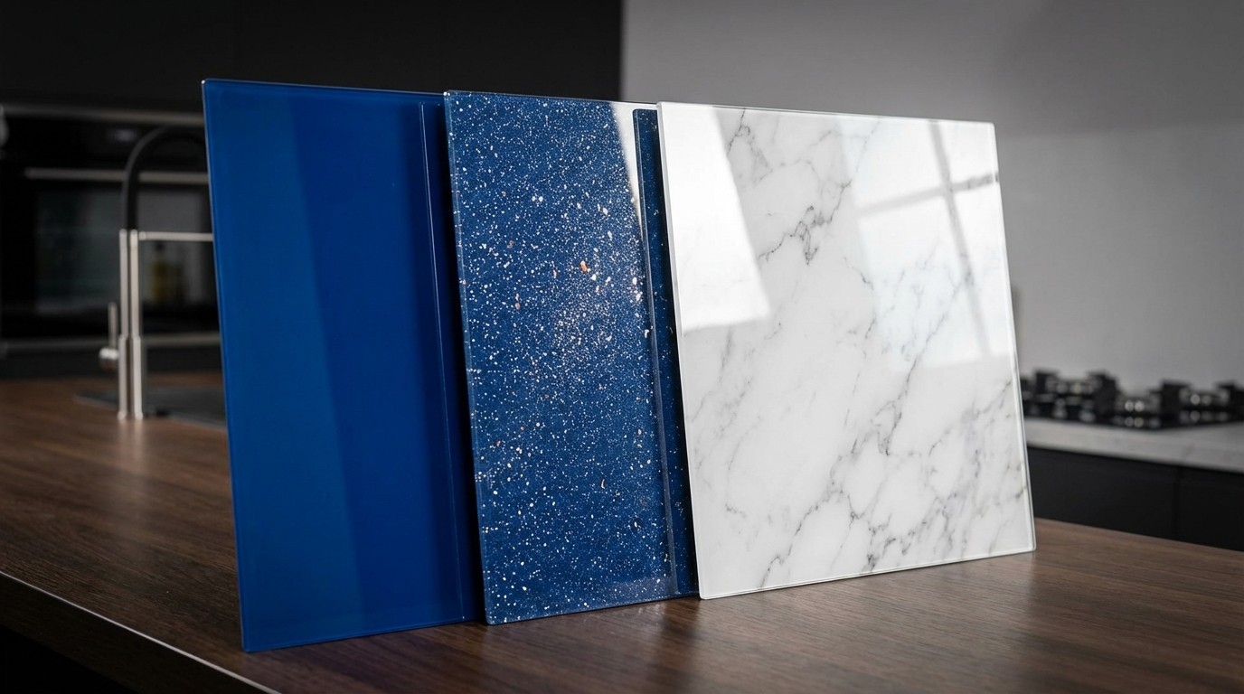 3 nhóm hiệu ứng kính ốp bếp trơn, kim sa, in họa tiết vân đá