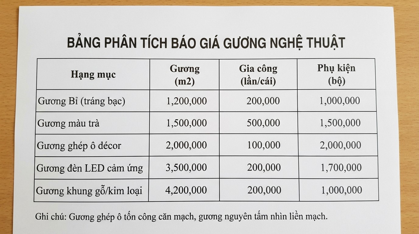 Bảng cách đọc báo giá gương nghệ thuật theo m2, gia công và phụ kiện