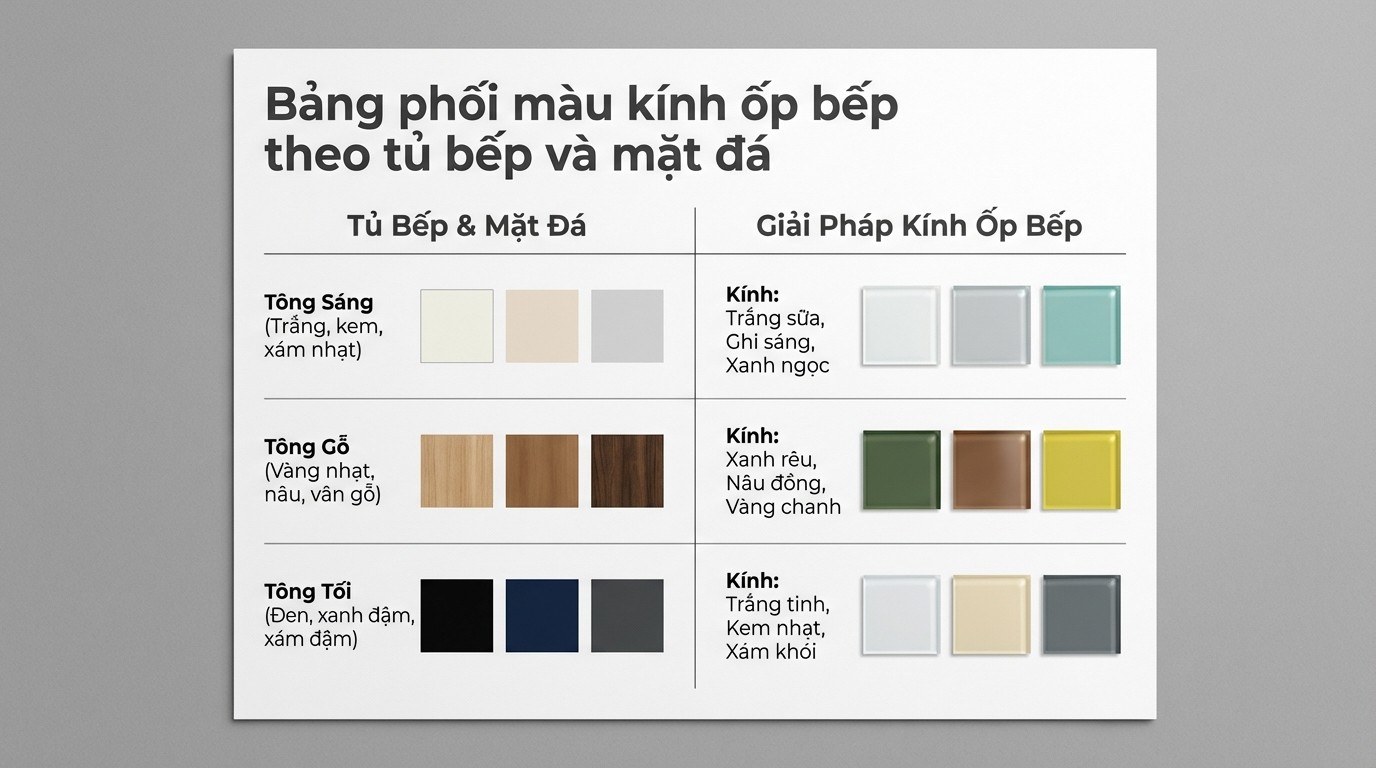 Bảng phối màu kính ốp bếp theo tủ bếp và mặt đá tông sáng, tông gỗ, tông tối