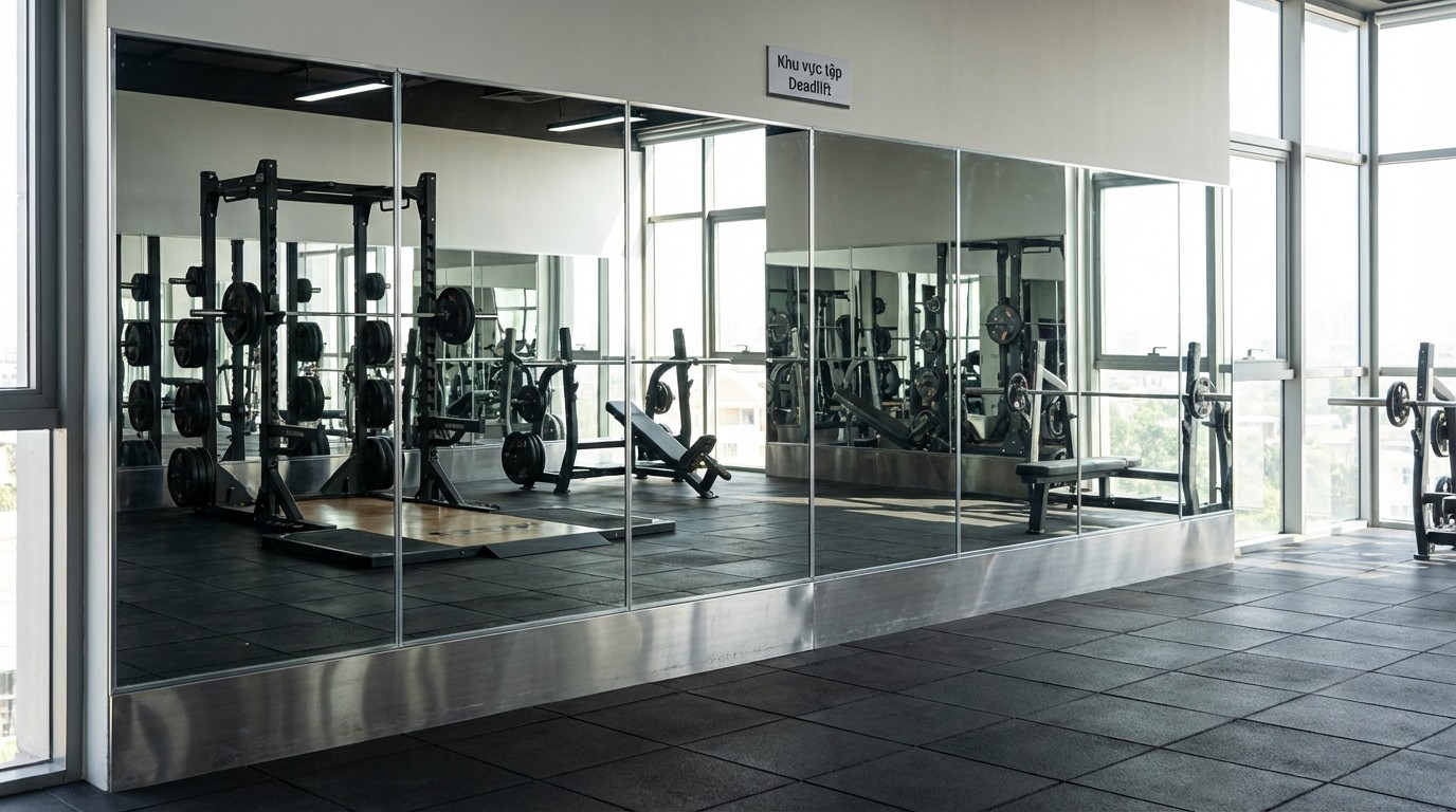 Ảnh tổng thể mảng gương soi khổ lớn tại công trình thực tế, thể hiện đường ghép và nẹp hoàn thiện