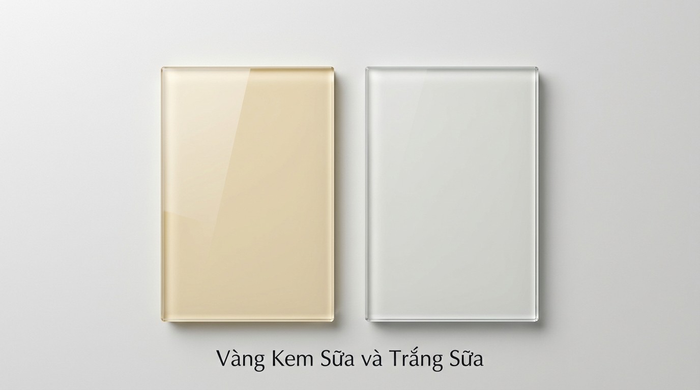 Bảng mẫu màu vàng kem sữa đặt cạnh trắng sữa để so sắc độ
