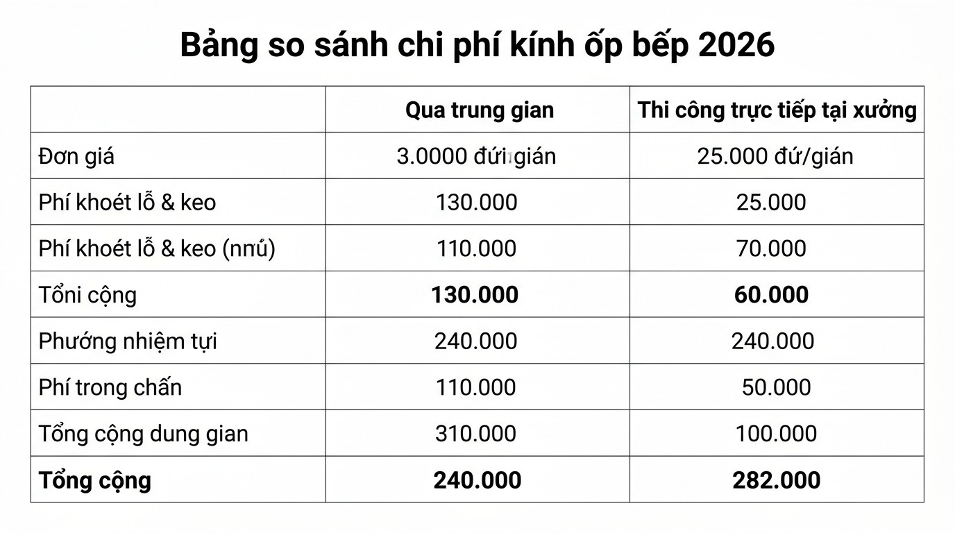 Bảng so sánh chi phí kính ốp bếp 2026 giữa qua trung gian và thi công trực tiếp tại xưởng