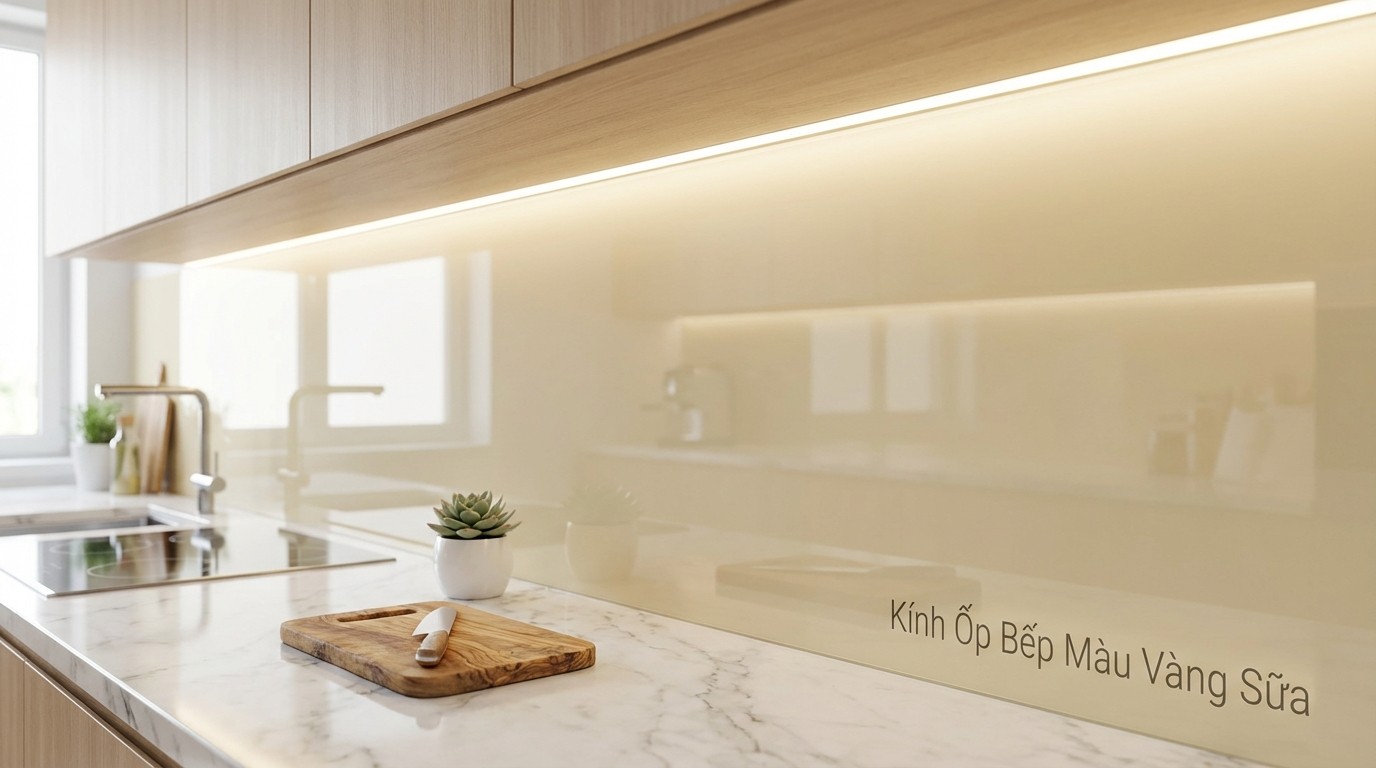 hiệu ứng kính vàng sữa dưới đèn LED hắt tủ bếp