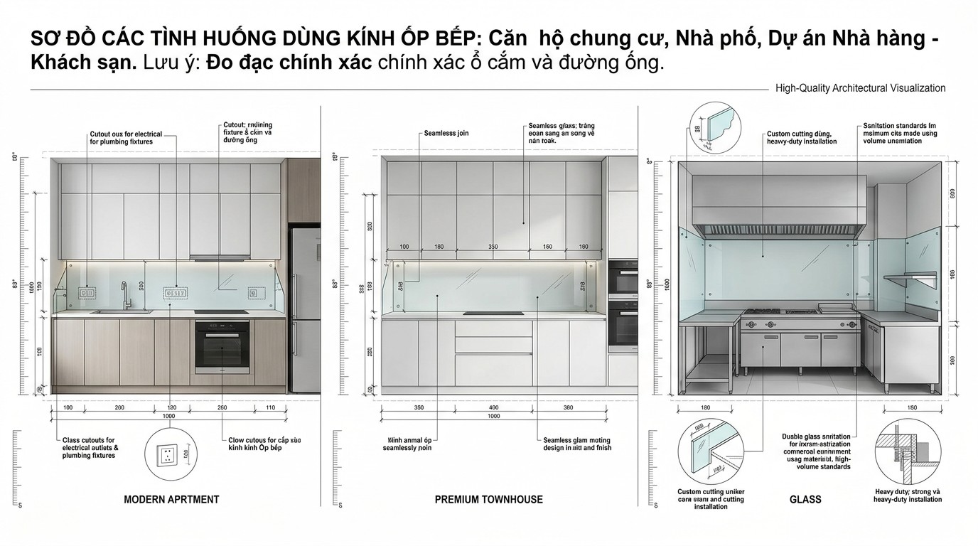 Sơ đồ các tình huống dùng kính ốp bếp cho căn hộ, nhà phố và dự án nhà hàng khách sạn