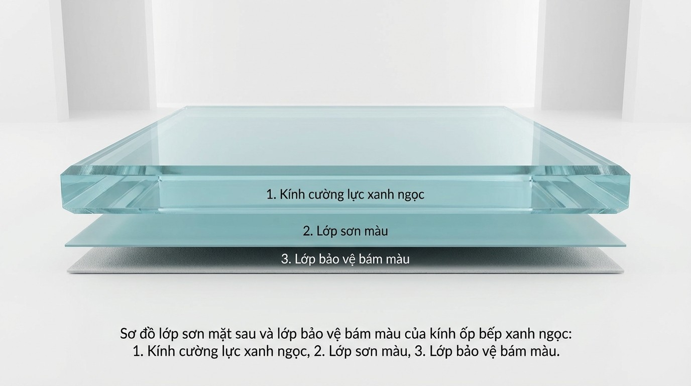 Sơ đồ lớp sơn mặt sau và lớp bảo vệ bám màu của kính ốp bếp xanh ngọc