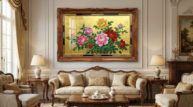 Tranh Kính 3D: Mẫu, Báo Giá Và Thi Công Cho Công Trình 16 Tranh kính in hoa mẫu đơn trong khung viền vàng phía trên sofa