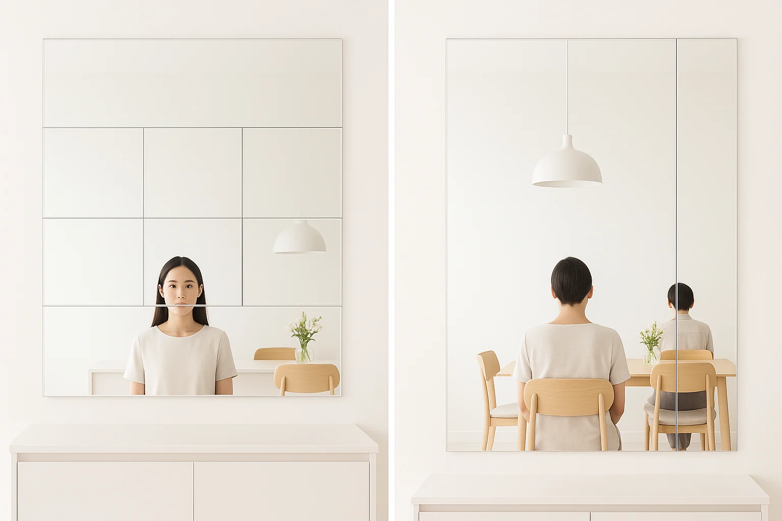 Ảnh so sánh thực tế sáng rõ trên cùng một bức tường nội thất: bên trái là mảng gương ghép đặt mạch ngang đúng tầm mắt sau quầy lễ tân làm phản chiếu khuôn mặt bị cắt, bên phải là phương án đổi sang khổ lớn với mạch dọc ở rìa tạo hình liền hơn; thêm một góc phòng ăn nơi mạch gương cắt qua đèn thả và đầu người ngồi, ảnh như tài liệu nghiệm thu thẩm mỹ, ánh sáng đều, trung thực
