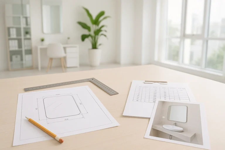 Bàn làm việc sáng sủa với bản vẽ shopdrawing gương đặt trên mặt bàn, thước thép, bút chì