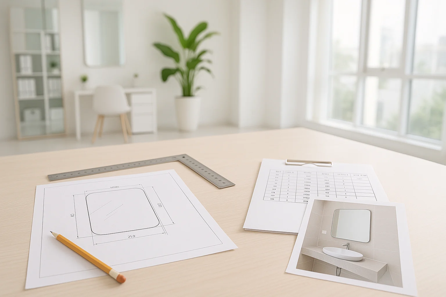 Bàn làm việc sáng sủa với bản vẽ shopdrawing gương đặt trên mặt bàn, thước thép, bút chì, bảng thống kê in giấy có các cột mã phòng kích thước kiểu cạnh vị trí lỗ mặt phải, bên cạnh là ảnh hiện trạng khu lavabo được kẹp chung hồ sơ, khung cảnh văn phòng công trình gọn gàng dưới ánh sáng tự nhiên