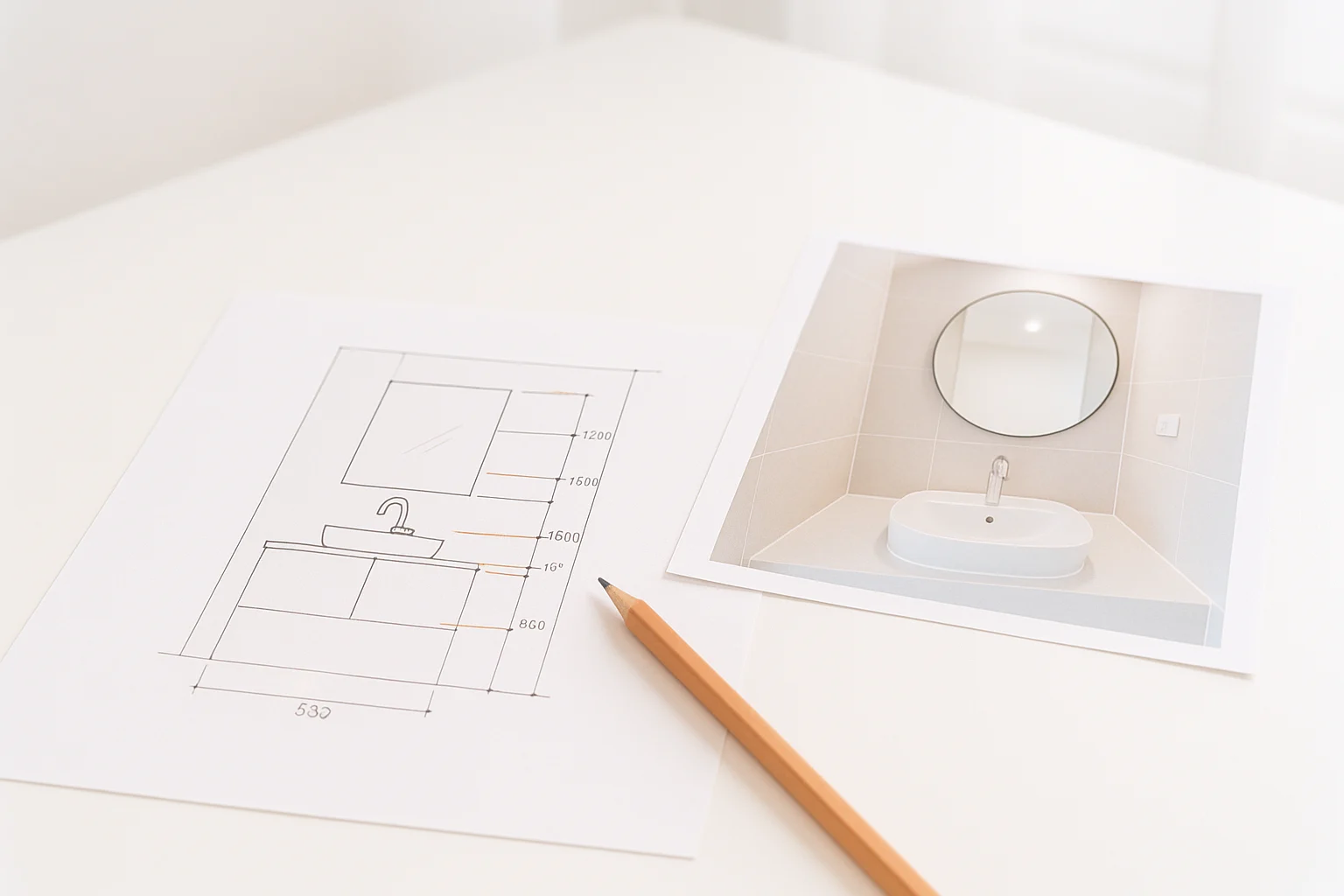 Gương Lavabo: Chọn Khổ Và Chiều Cao Treo 2 Ảnh chụp cận cảnh một bản vẽ mặt đứng phòng vệ sinh được in trên giấy đặt trên bàn làm việc, có bút chì đánh dấu rõ cao độ hoàn thiện, mặt bàn lavabo, vòi nước, backsplash, mép dưới gương và tâm gương; bên cạnh là ảnh thực tế một gương treo tường phía trên chậu rửa trong phòng vệ sinh khách sạn, ánh sáng văn phòng và đèn trong phòng sáng đều, mọi chi tiết dễ đọc, khung cảnh đời thường của quá trình duyệt mẫu