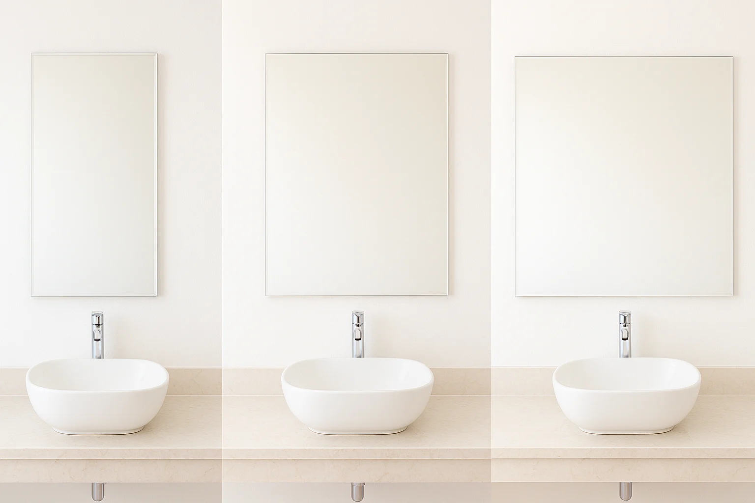 Gương Lavabo: Chọn Khổ Và Chiều Cao Treo 1 Ảnh chụp sáng rõ trong phòng vệ sinh mẫu của công trình, cùng một chậu rửa đặt trên bàn đá được chụp ở ba phương án gương khác nhau treo trên tường: một gương hẹp hơn chậu, một gương ngang bằng bề rộng chậu, một gương rộng hơn cụm chậu, các mép chậu, mép bàn đá và mép gương đều nhìn rõ, ánh sáng tự nhiên hoặc đèn vàng nhẹ, bố cục mặt đứng thẳng, không khí sạch sẽ, thực tế như ảnh khảo sát nội thất