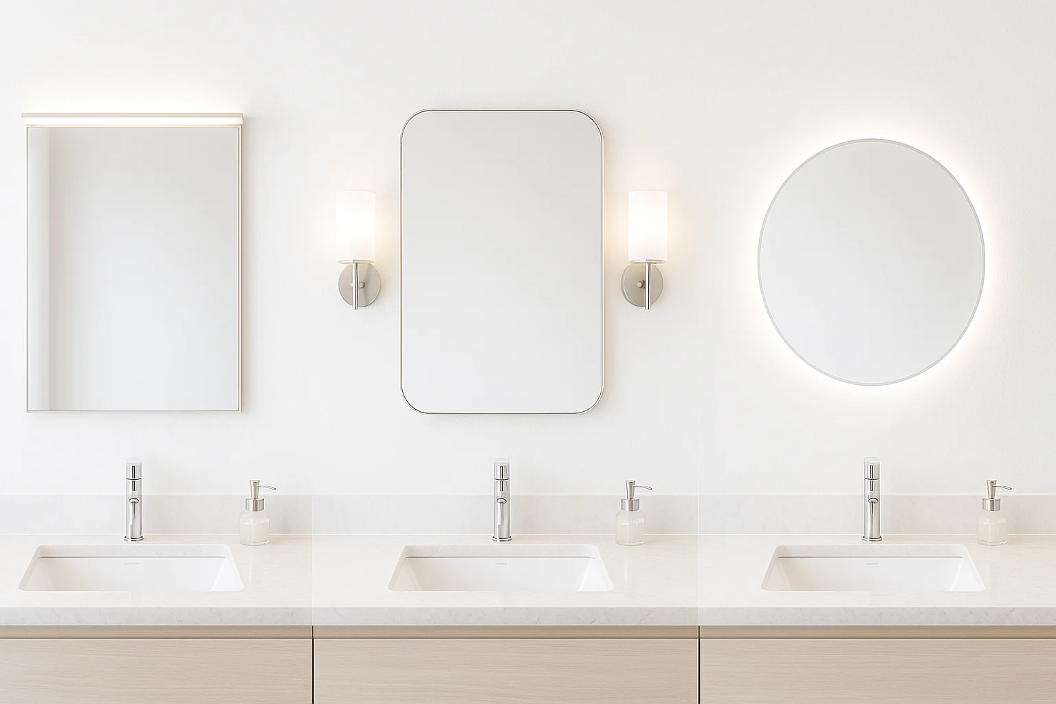Ảnh so sánh ba kiểu chiếu sáng cho gương lavabo trong phòng tắm lưu trú, bố cục ngang sáng đều: một gương chữ nhật có đèn hắt gương phía trên, một gương bo góc có hai đèn gắn tường hai bên, và một gương có đèn tích hợp viền sáng mềm; không gian sạch, hiện đại vừa phải, mặt bàn đá lavabo rõ ràng, ánh sáng trung tính dễ quan sát, ảnh mang tính minh họa kỹ thuật nội thất thực tế