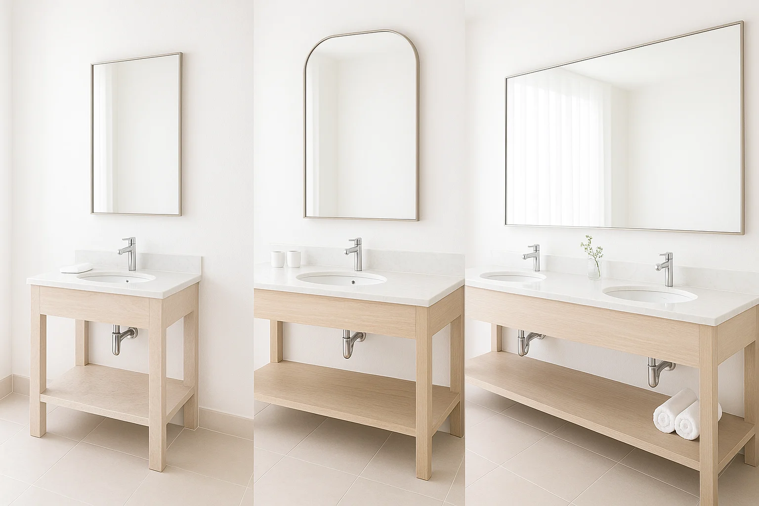 Ảnh ghép sáng rõ của ba khu lavabo trong công trình lưu trú, chụp thẳng mặt đứng ở cùng tầm mắt: bên trái là phòng tiêu chuẩn với bàn đá lavabo nhỏ và gương chữ nhật vừa khổ, ở giữa là phòng cao cấp với mặt bàn rộng hơn và gương bo góc lớn hơn, bên phải là suite với vanity dài hoặc hai chậu và mảng gương rộng cân đối; ánh sáng trong phòng đều, sạch, tự nhiên, thể hiện rõ tỷ lệ gương khác nhau theo từng hạng phòng, không có người, phong cách ảnh tài liệu nội thất thực tế