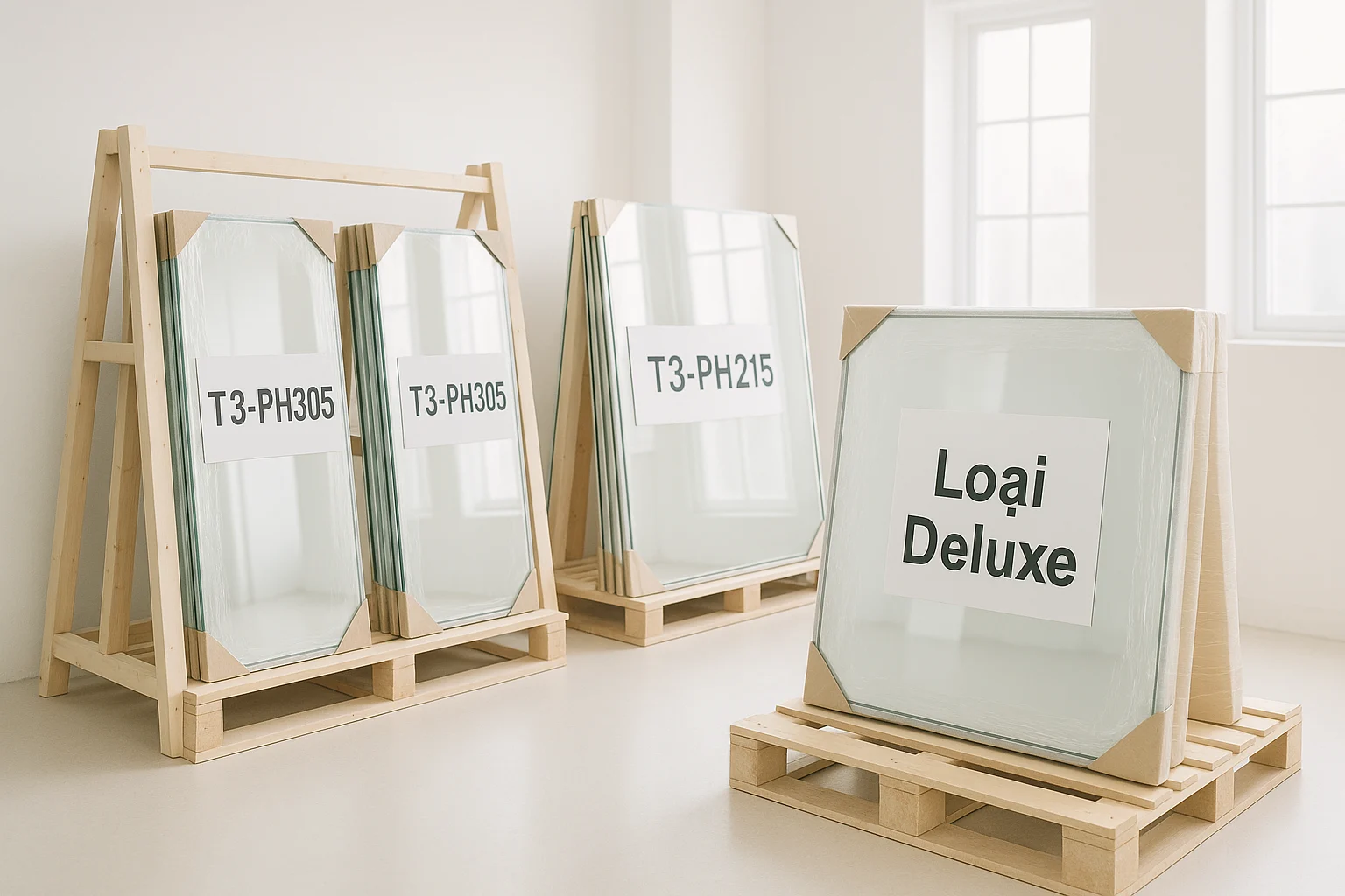 Ảnh chụp sáng rõ tại khu đóng gói xưởng hoặc kho công trình, nhiều kiện gương được bọc bảo vệ và dán tem nhãn lớn theo tầng và mã phòng, ví dụ T3-PH305 hoặc Loại Deluxe, sắp xếp ngay ngắn trên giá hoặc pallet, không khí làm việc bình thường, mục tiêu thể hiện cách giảm nhầm lẫn khi giao số lượng lớn