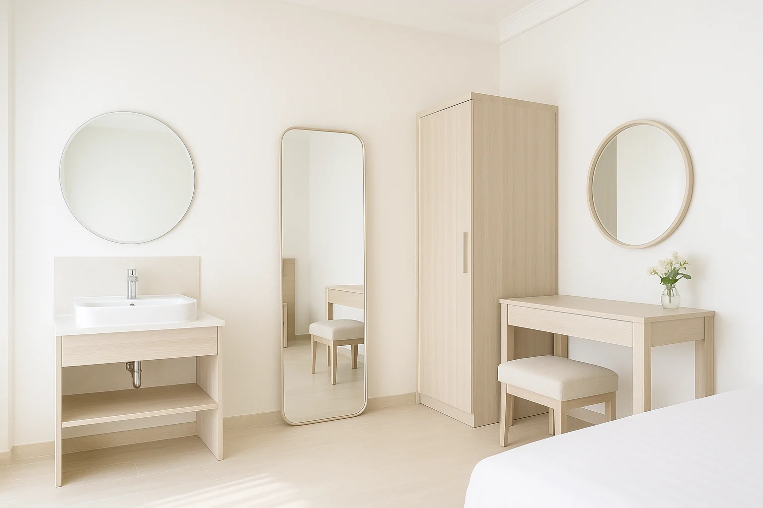 Ảnh chụp sáng rõ trong một phòng mẫu khách sạn đã hoàn thiện với gương lavabo trên chậu rửa, gương soi toàn thân cạnh tủ áo và bàn trang điểm có gương riêng; bố cục ngăn nắp, ánh sáng đều, chi tiết vật liệu rõ ràng, phù hợp làm hình minh họa cho việc chốt mẫu trước khi nhân rộng lên tầng điển hình