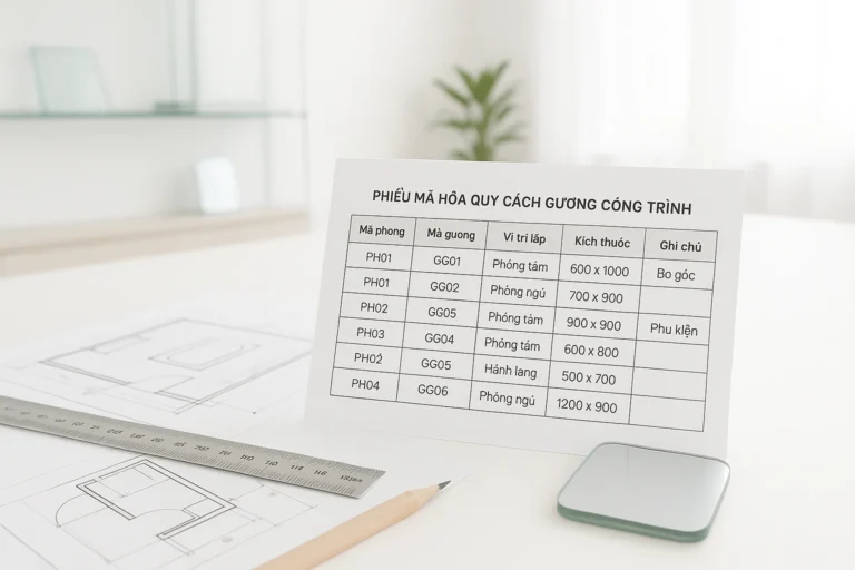 Ảnh chụp cận cảnh trên bàn làm việc sáng rõ, một phiếu mã hóa quy cách gương công trình được in giấy với các cột mã