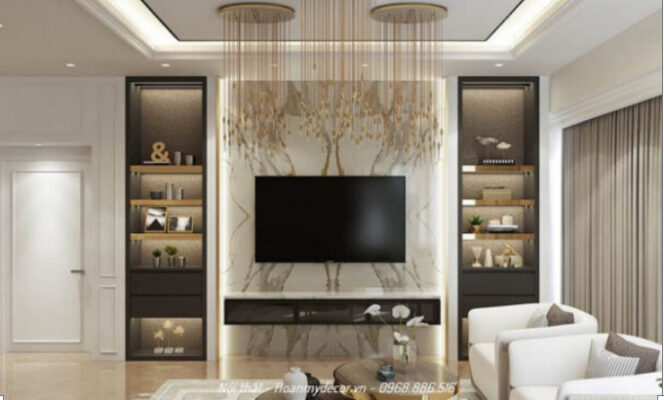 Làm ấn tượng tường phòng khách với vài ô trang trí. 